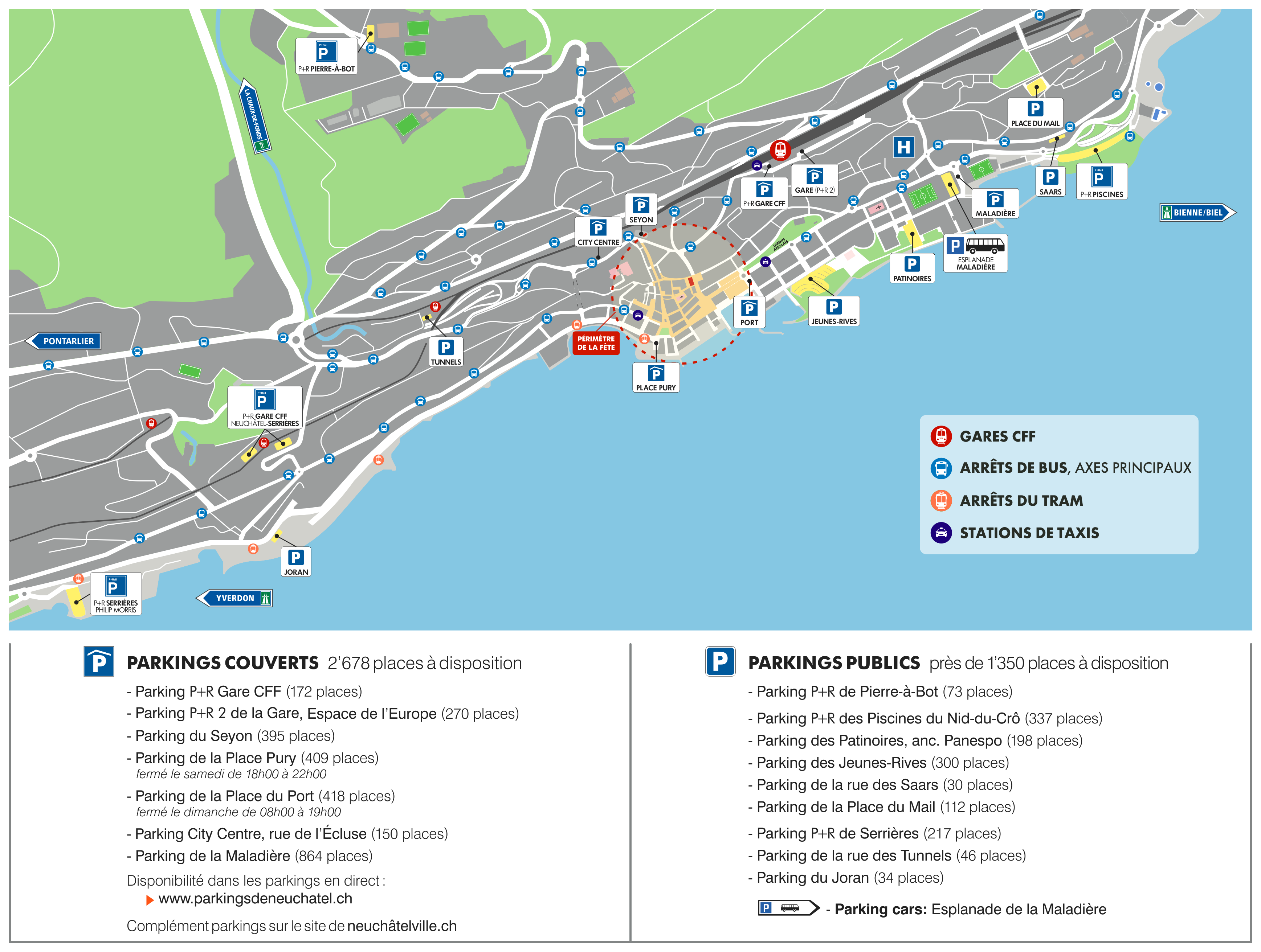 Plan des parkings et accès en ville de Neuchâtel pour la Fête des Vendanges